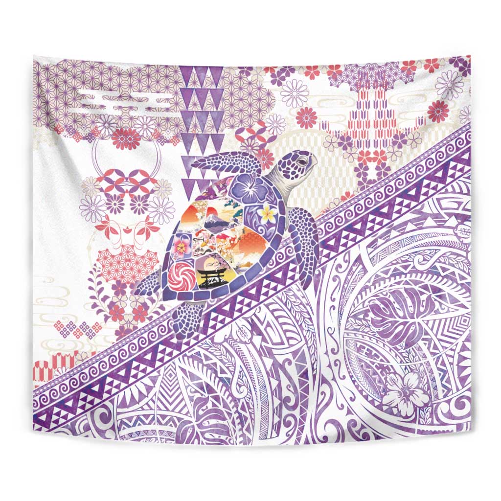 Hawaiian and Japanese Culture Together Tapestry Tropical Honu with Japanese Elements Purple Color
