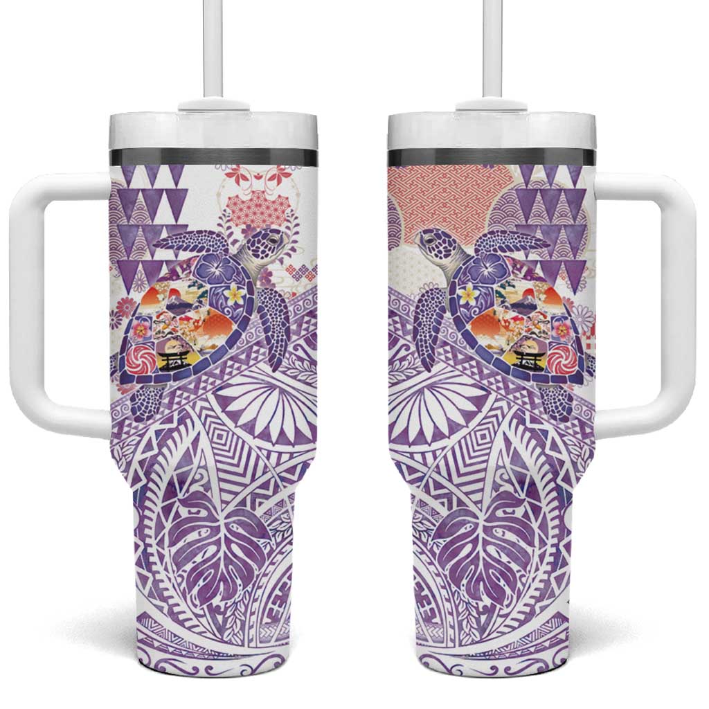 Hawaiian and Japanese Culture Together Tumbler With Handle Tropical Honu with Japanese Elements Purple Color