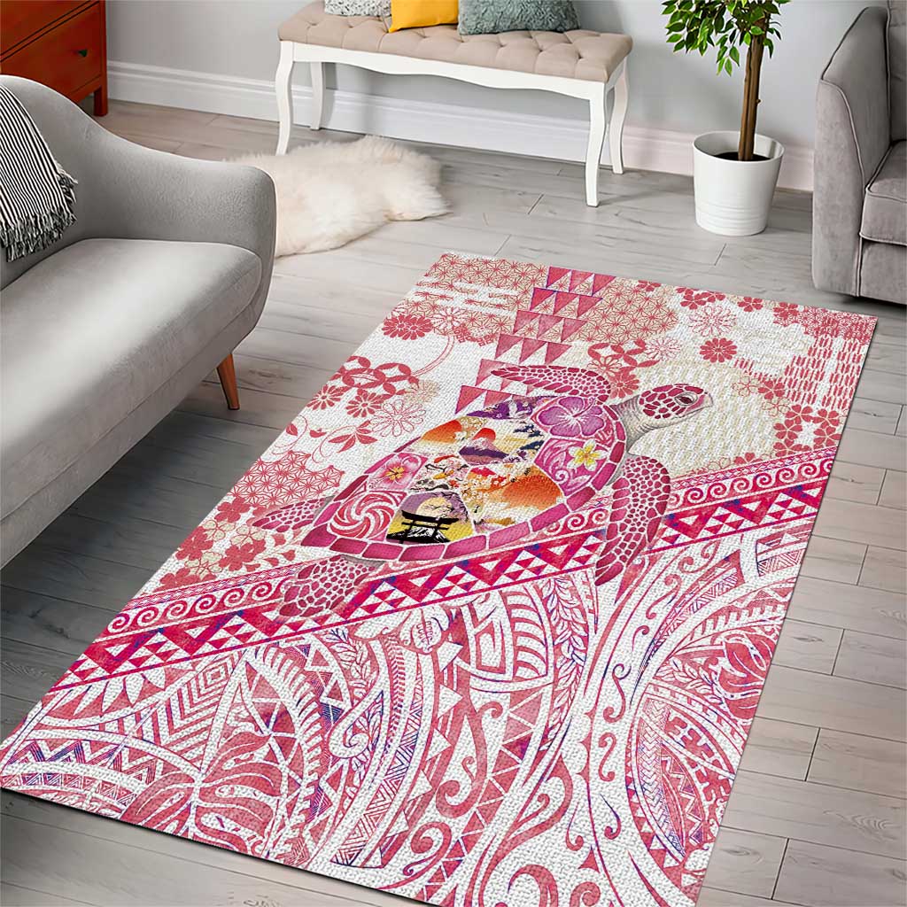 Hawaiian and Japanese Culture Together Area Rug Tropical Honu with Japanese Elements Pink Color