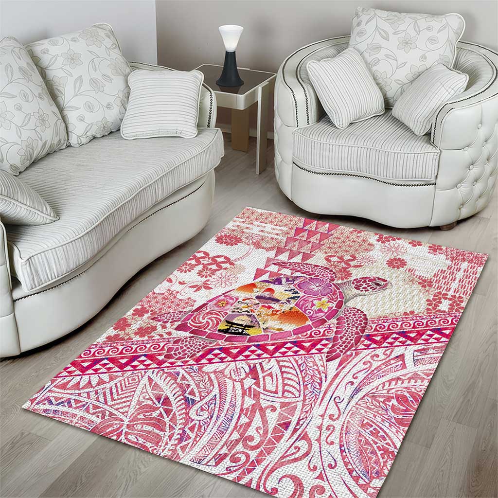 Hawaiian and Japanese Culture Together Area Rug Tropical Honu with Japanese Elements Pink Color