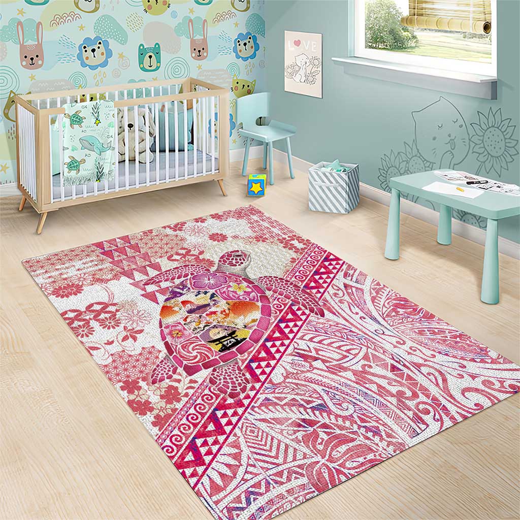 Hawaiian and Japanese Culture Together Area Rug Tropical Honu with Japanese Elements Pink Color