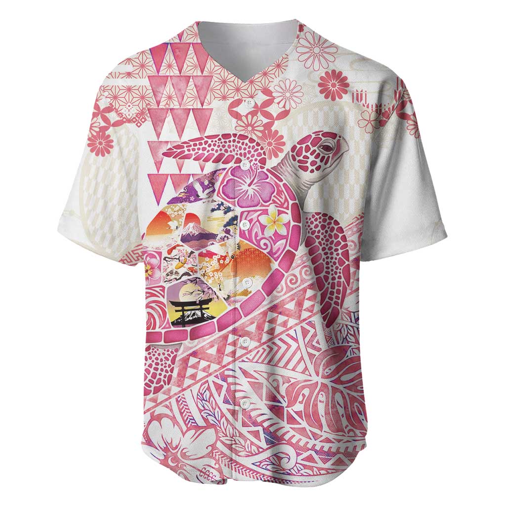 Hawaiian and Japanese Culture Together Baseball Jersey Tropical Honu with Japanese Elements Pink Color