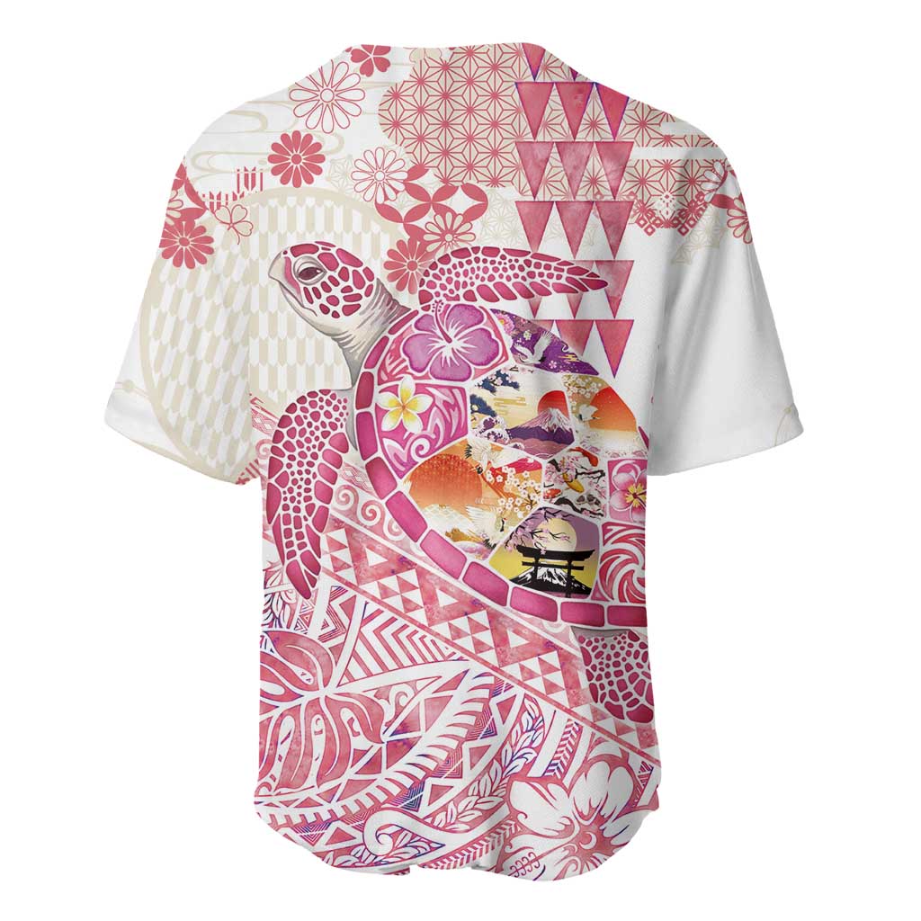 Hawaiian and Japanese Culture Together Baseball Jersey Tropical Honu with Japanese Elements Pink Color