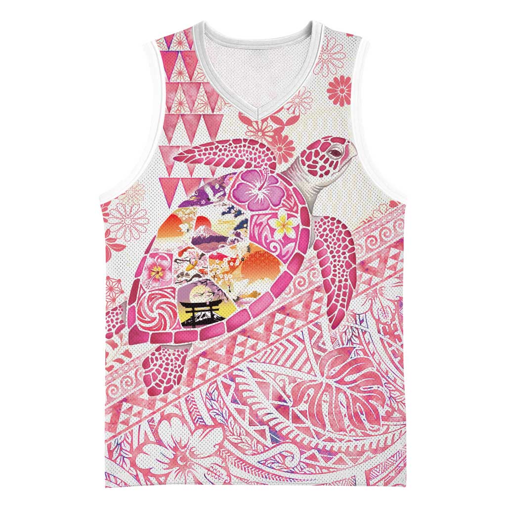 Hawaiian and Japanese Culture Together Basketball Jersey Tropical Honu with Japanese Elements Pink Color