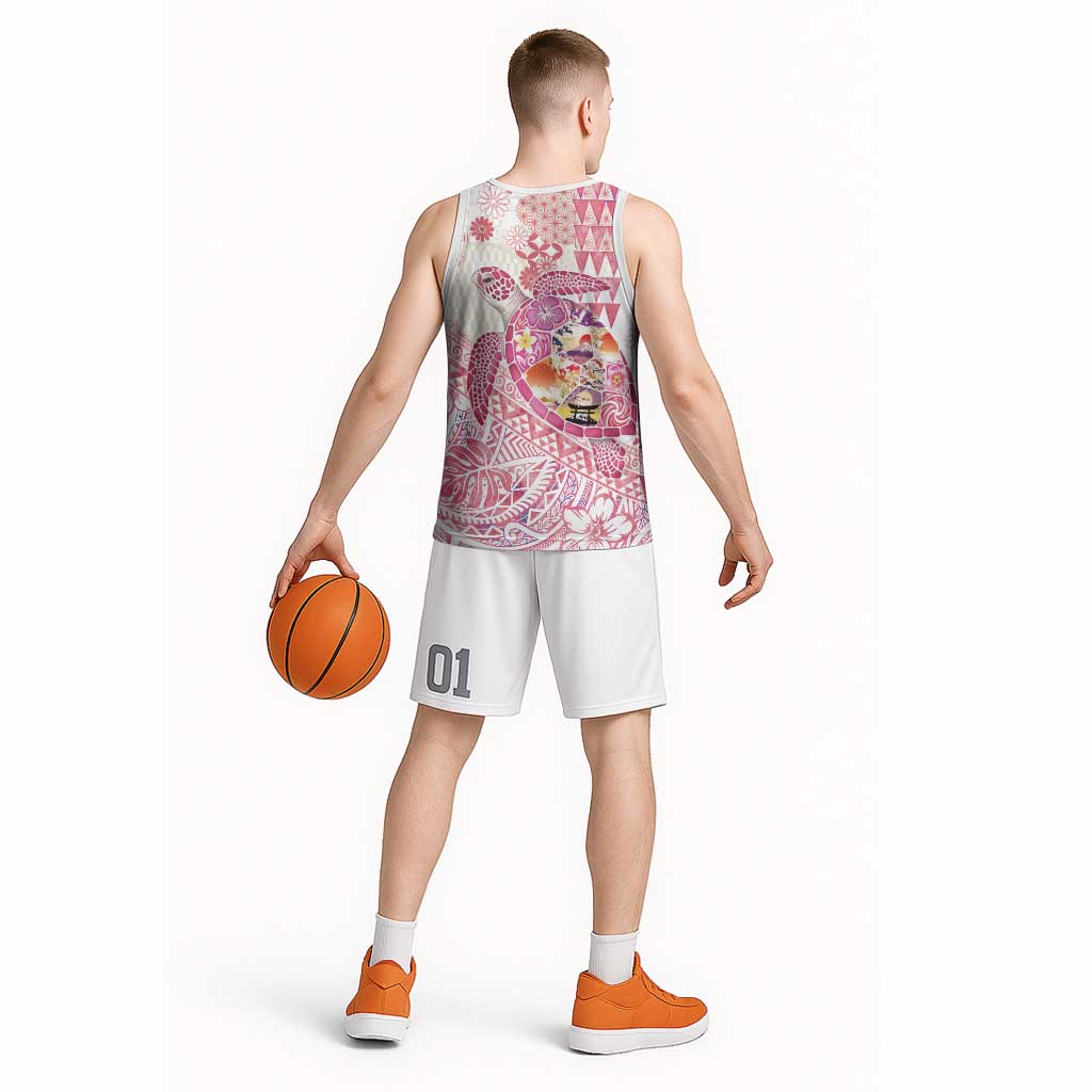 Hawaiian and Japanese Culture Together Basketball Jersey Tropical Honu with Japanese Elements Pink Color