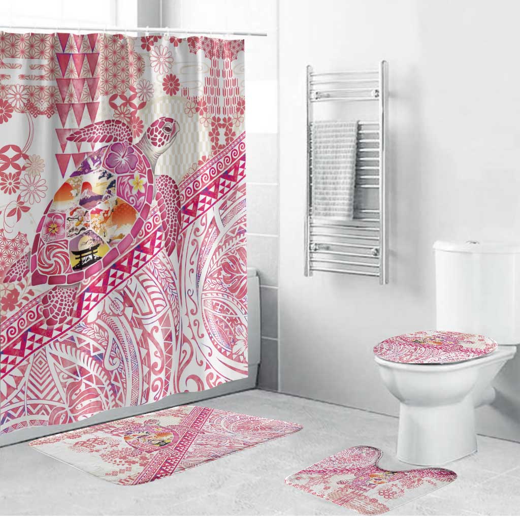 Hawaiian and Japanese Culture Together Bathroom Set Tropical Honu with Japanese Elements Pink Color LT03 Bathroom Set (4 pcs) Pink - Polynesian Pride