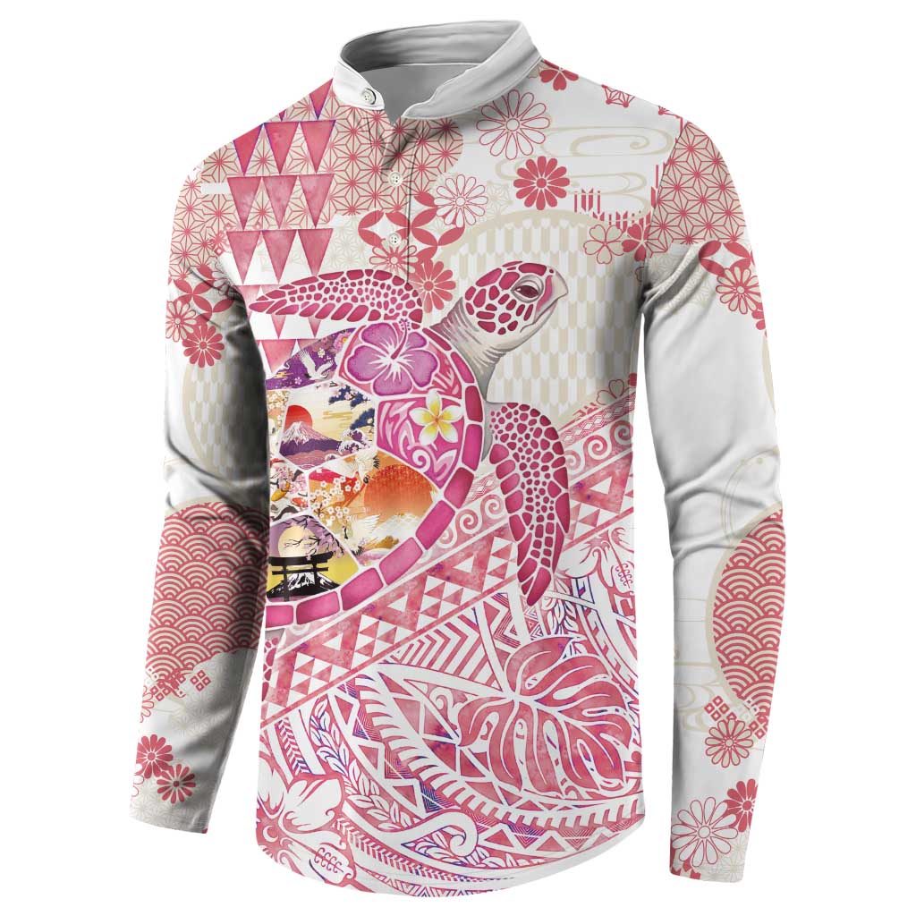 Hawaiian and Japanese Culture Together Button Sweatshirt Tropical Honu with Japanese Elements Pink Color LT03 - Polynesian Pride