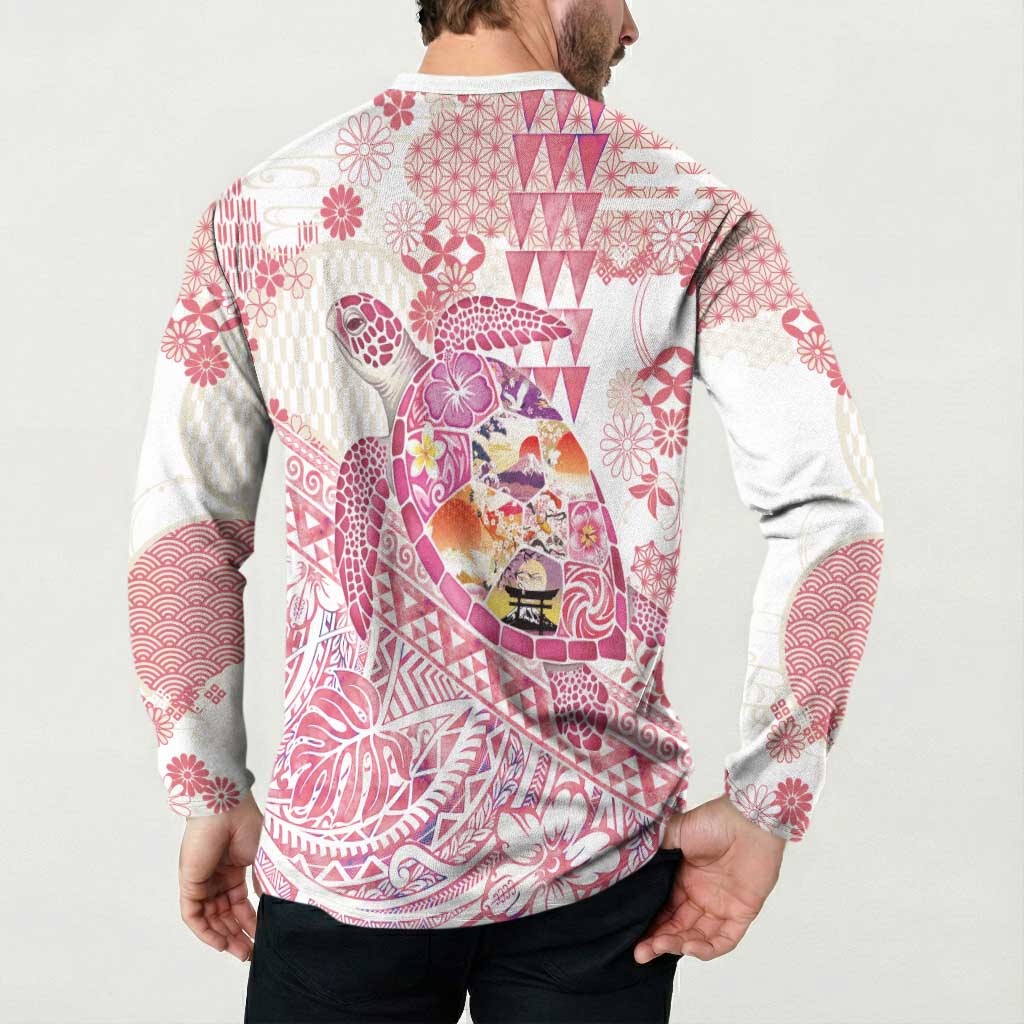 Hawaiian and Japanese Culture Together Button Sweatshirt Tropical Honu with Japanese Elements Pink Color LT03 - Polynesian Pride