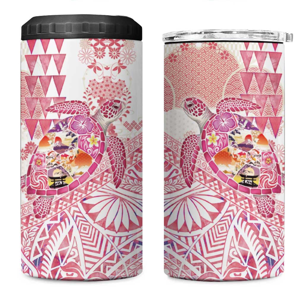 Hawaiian and Japanese Culture Together 4 in 1 Can Cooler Tumbler Tropical Honu with Japanese Elements Pink Color