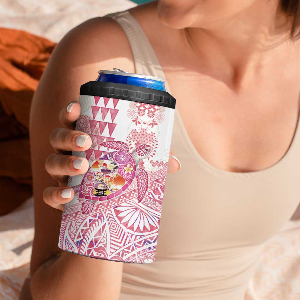 Hawaiian and Japanese Culture Together 4 in 1 Can Cooler Tumbler Tropical Honu with Japanese Elements Pink Color