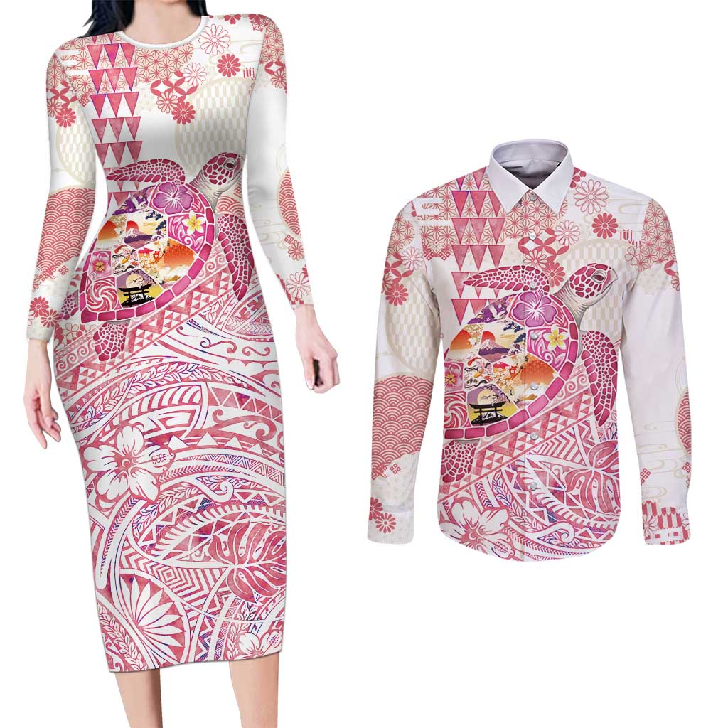 Hawaiian and Japanese Culture Together Couples Matching Long Sleeve Bodycon Dress and Long Sleeve Button Shirt Tropical Honu with Japanese Elements Pink Color LT03 Pink - Polynesian Pride