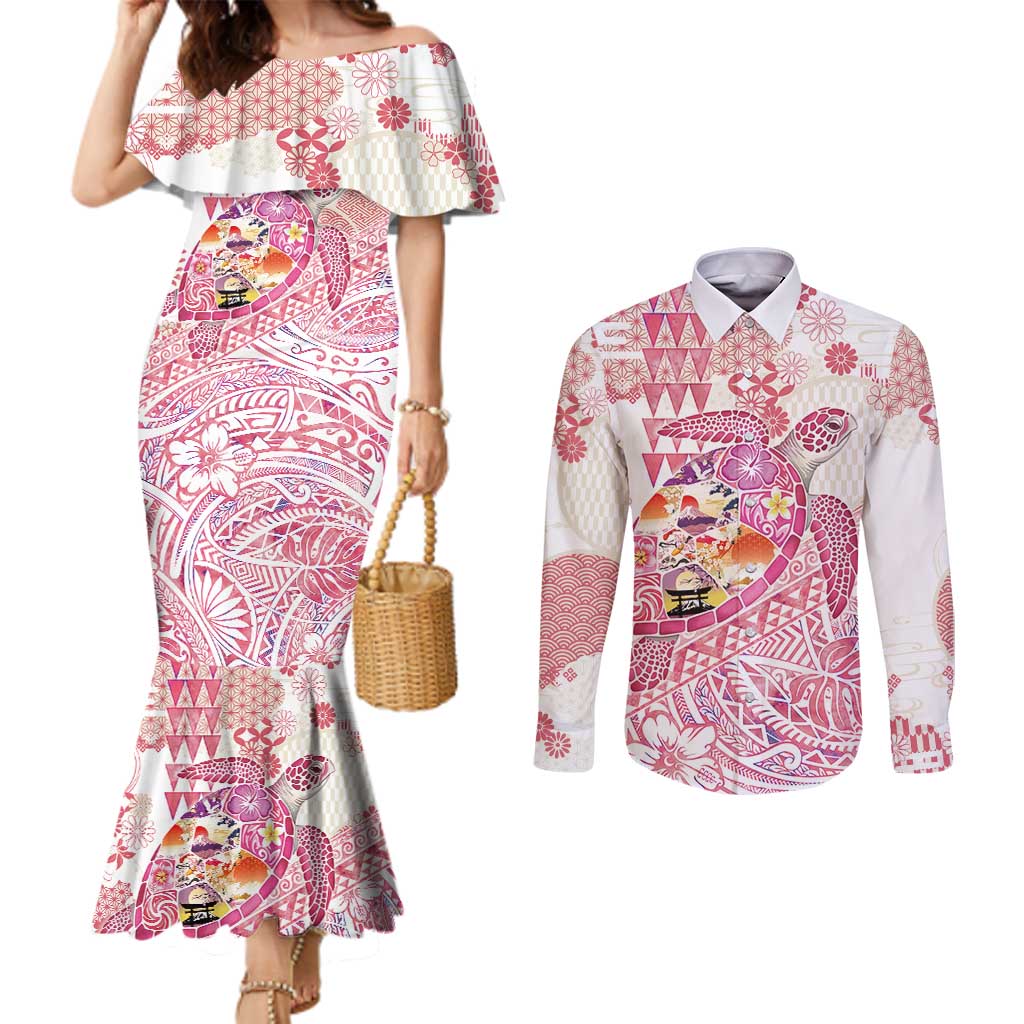 Hawaiian and Japanese Culture Together Couples Matching Mermaid Dress and Long Sleeve Button Shirt Tropical Honu with Japanese Elements Pink Color LT03 Pink - Polynesian Pride