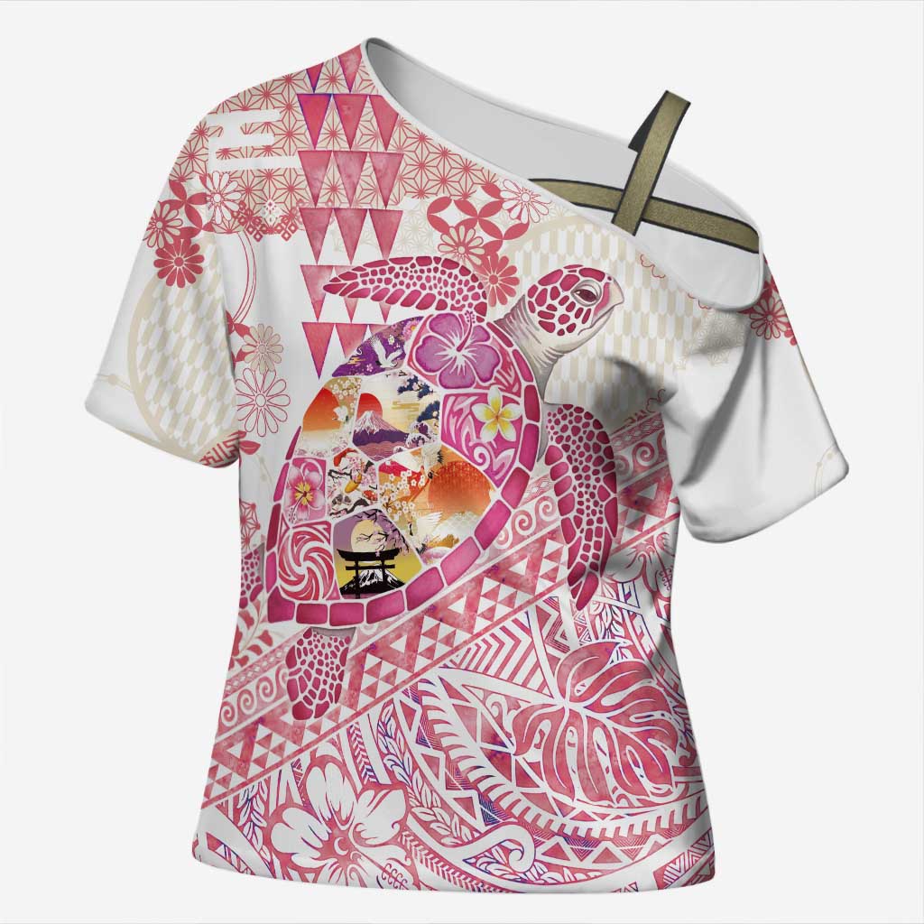 Hawaiian and Japanese Culture Together Cross Shoulder Shirt Tropical Honu with Japanese Elements Pink Color