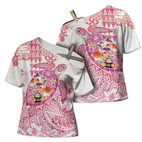 Hawaiian and Japanese Culture Together Cross Shoulder Shirt Tropical Honu with Japanese Elements Pink Color