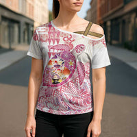 Hawaiian and Japanese Culture Together Cross Shoulder Shirt Tropical Honu with Japanese Elements Pink Color