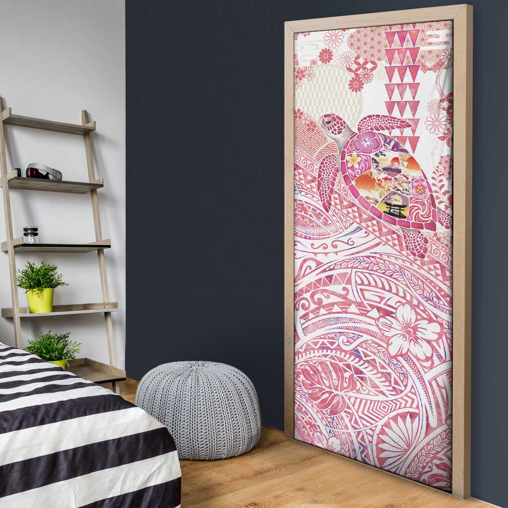 Hawaiian and Japanese Culture Together Door Cover Tropical Honu with Japanese Elements Pink Color