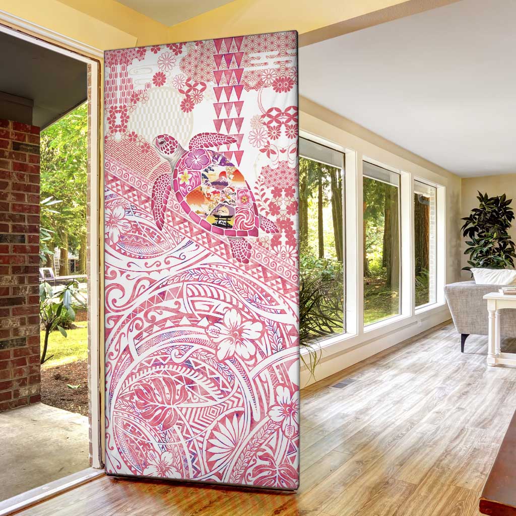 Hawaiian and Japanese Culture Together Door Cover Tropical Honu with Japanese Elements Pink Color