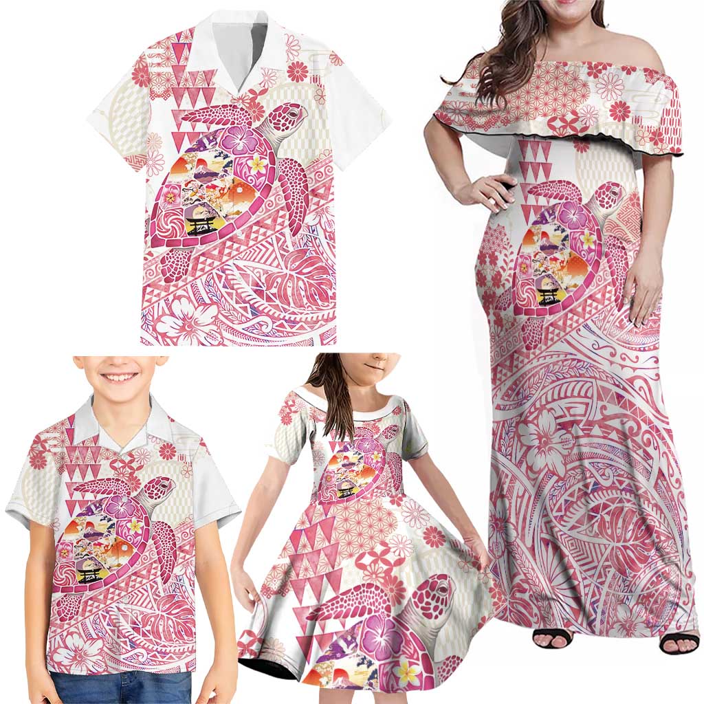 Hawaiian and Japanese Culture Together Family Matching Off Shoulder Maxi Dress and Hawaiian Shirt Tropical Honu with Japanese Elements Pink Color LT03 - Polynesian Pride