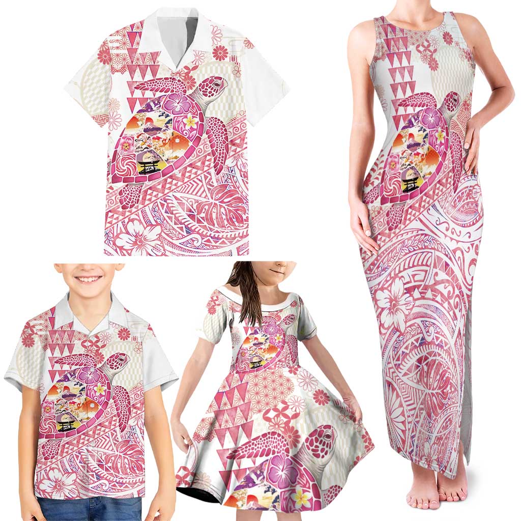 Hawaiian and Japanese Culture Together Family Matching Tank Maxi Dress and Hawaiian Shirt Tropical Honu with Japanese Elements Pink Color