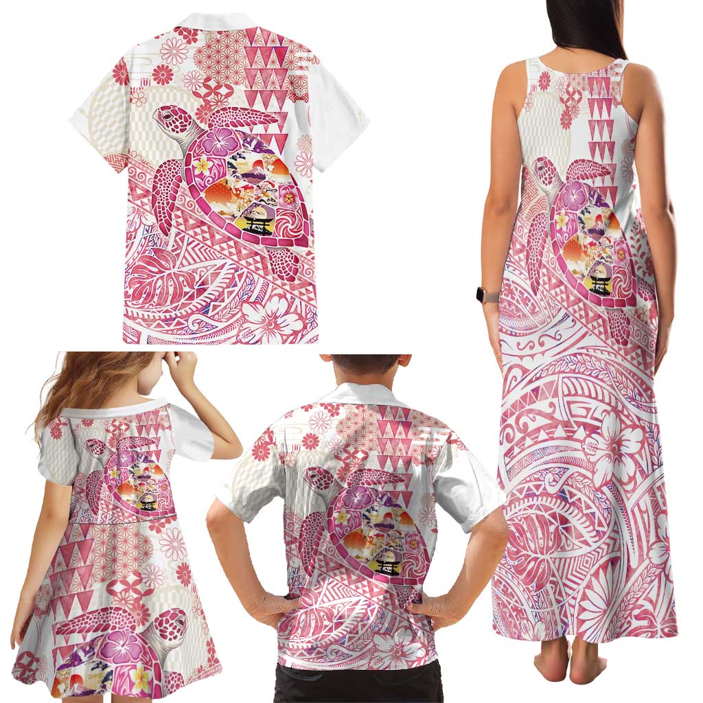 Hawaiian and Japanese Culture Together Family Matching Tank Maxi Dress and Hawaiian Shirt Tropical Honu with Japanese Elements Pink Color