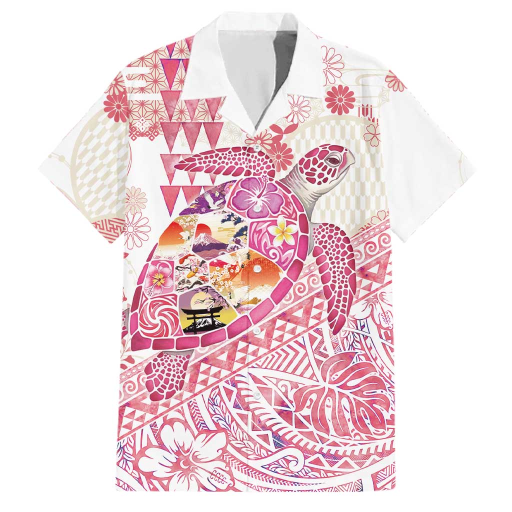 Hawaiian and Japanese Culture Together Family Matching Tank Maxi Dress and Hawaiian Shirt Tropical Honu with Japanese Elements Pink Color