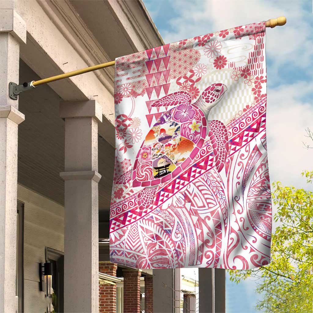 Hawaiian and Japanese Culture Together Garden Flag Tropical Honu with Japanese Elements Pink Color