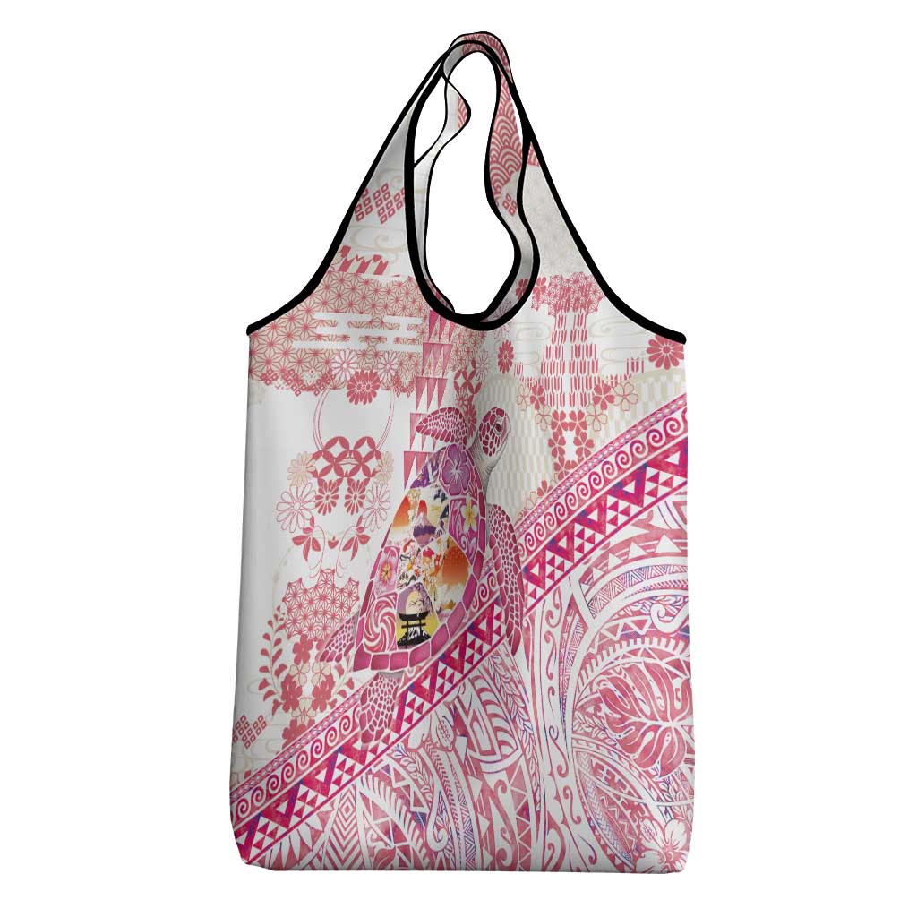 Hawaiian and Japanese Culture Together Grocery Bag Tropical Honu with Japanese Elements Pink Color