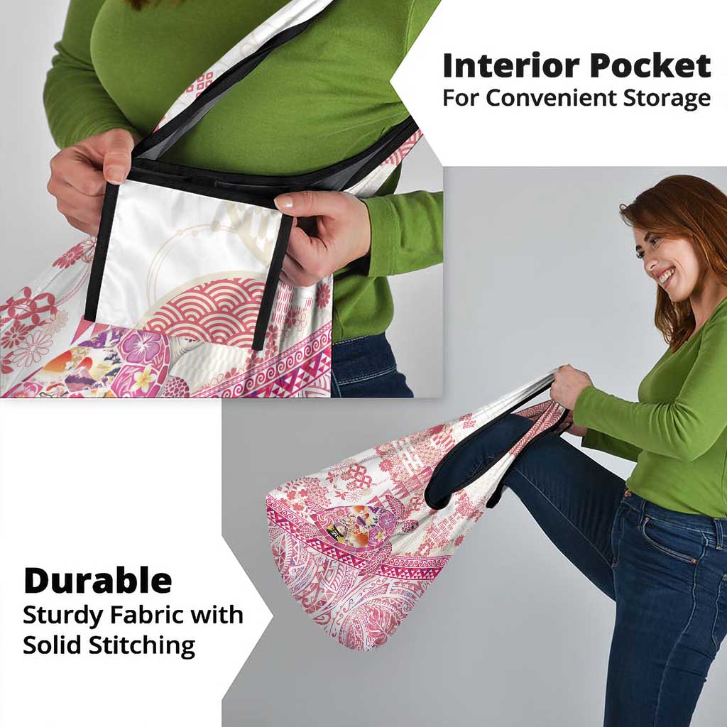 Hawaiian and Japanese Culture Together Grocery Bag Tropical Honu with Japanese Elements Pink Color