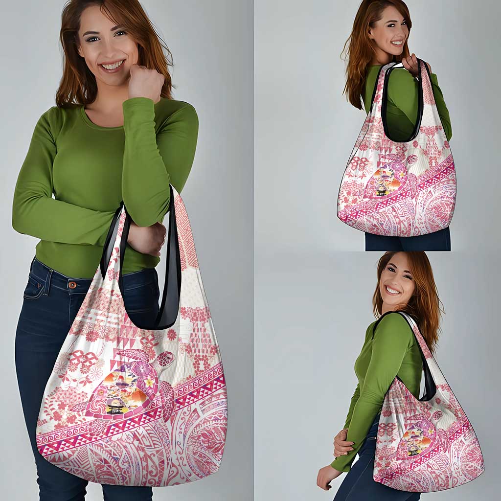 Hawaiian and Japanese Culture Together Grocery Bag Tropical Honu with Japanese Elements Pink Color