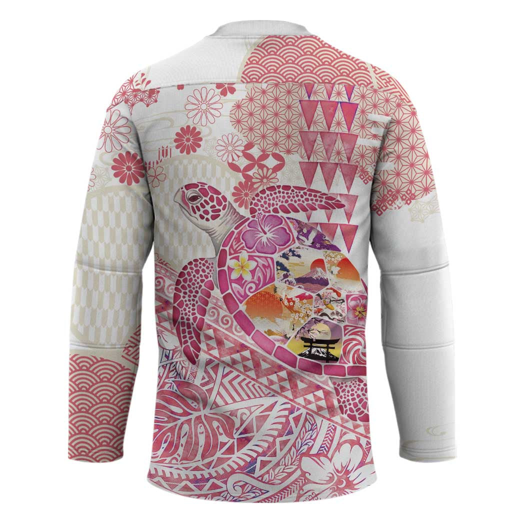 Hawaiian and Japanese Culture Together Hockey Jersey Tropical Honu with Japanese Elements Pink Color
