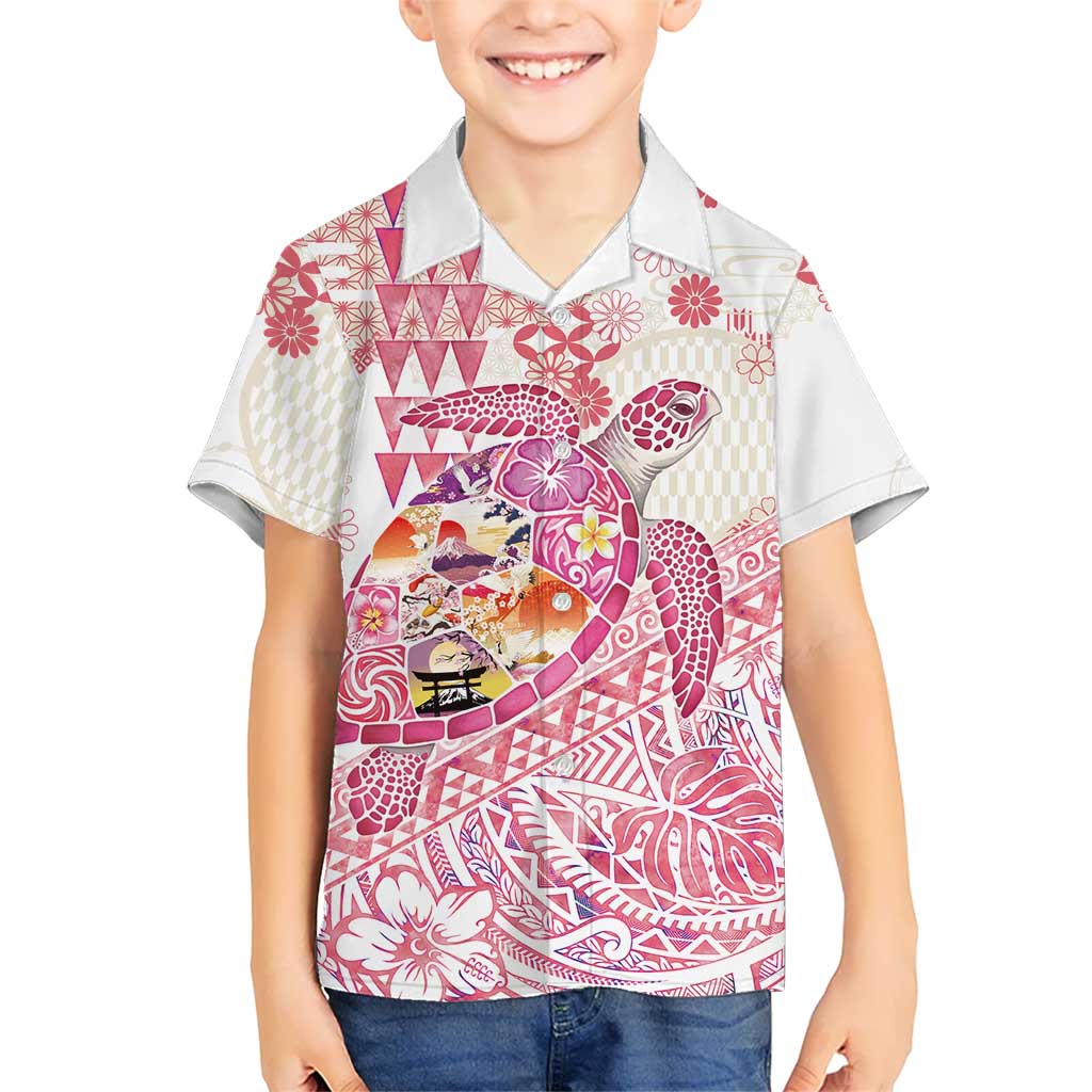 Hawaiian and Japanese Culture Together Kid Hawaiian Shirt Tropical Honu with Japanese Elements Pink Color