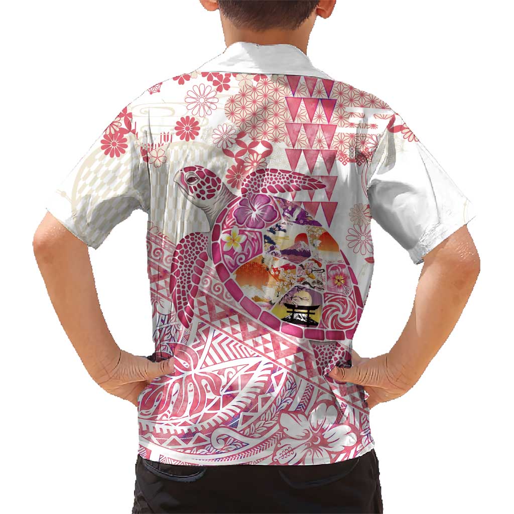 Hawaiian and Japanese Culture Together Kid Hawaiian Shirt Tropical Honu with Japanese Elements Pink Color
