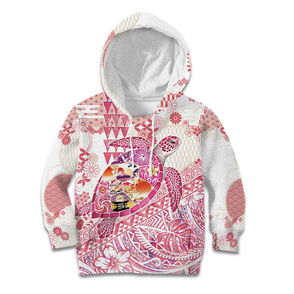 Hawaiian and Japanese Culture Together Kid Hoodie Tropical Honu with Japanese Elements Pink Color