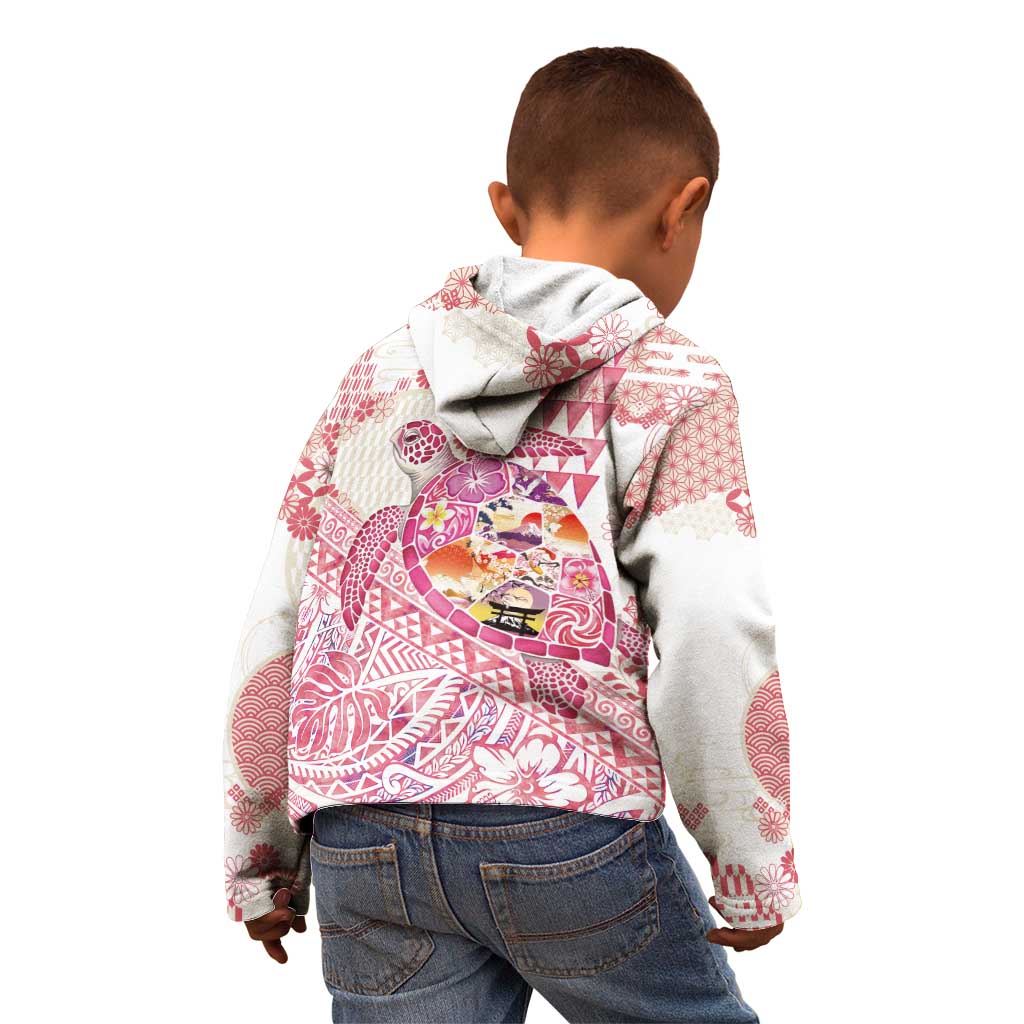 Hawaiian and Japanese Culture Together Kid Hoodie Tropical Honu with Japanese Elements Pink Color