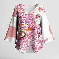 Hawaiian and Japanese Culture Together Kimono Sleeve Blouse Tropical Honu with Japanese Elements Pink Color