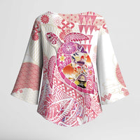 Hawaiian and Japanese Culture Together Kimono Sleeve Blouse Tropical Honu with Japanese Elements Pink Color