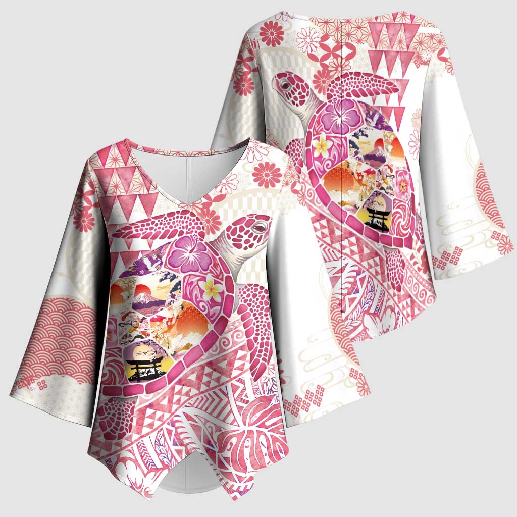 Hawaiian and Japanese Culture Together Kimono Sleeve Blouse Tropical Honu with Japanese Elements Pink Color