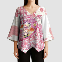 Hawaiian and Japanese Culture Together Kimono Sleeve Blouse Tropical Honu with Japanese Elements Pink Color