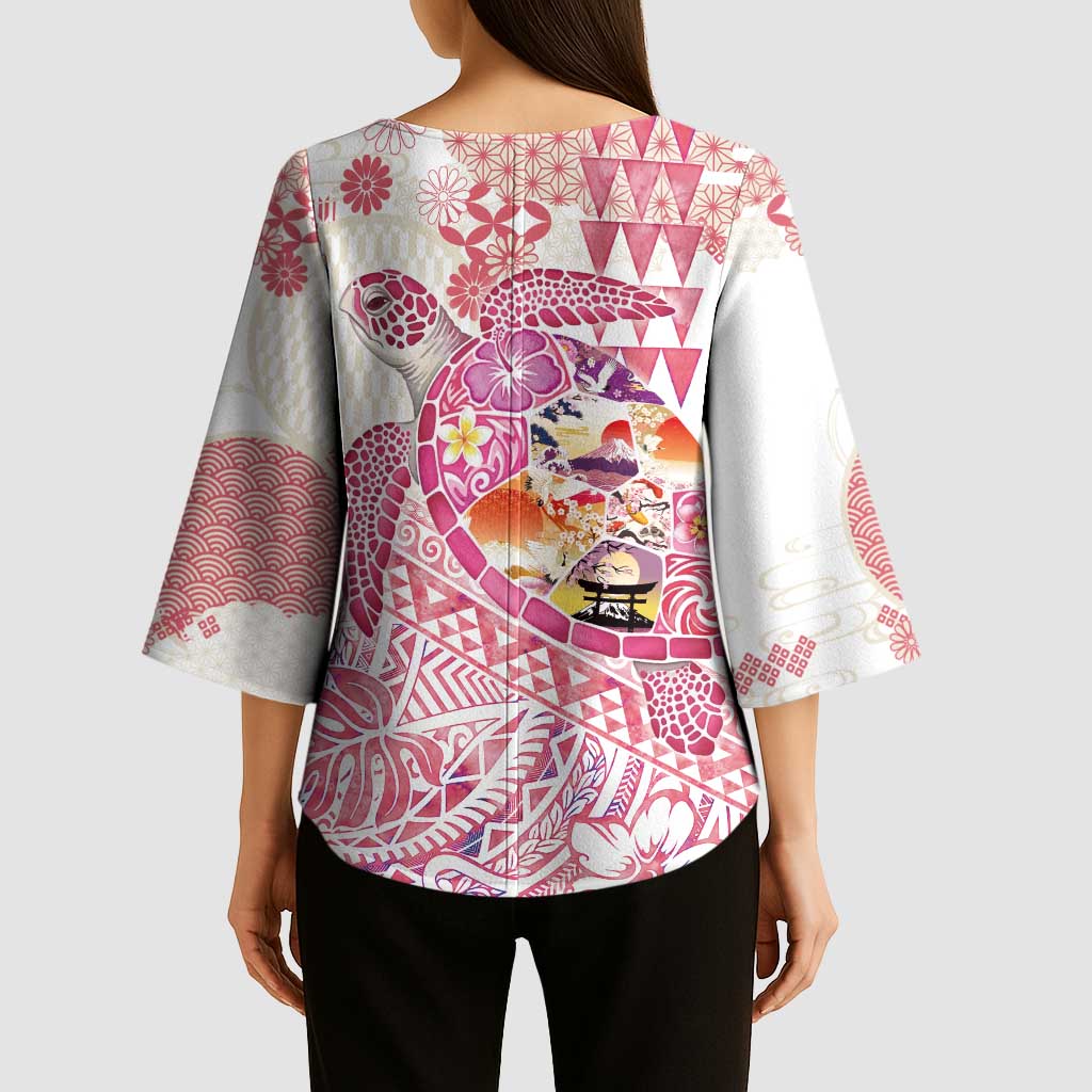 Hawaiian and Japanese Culture Together Kimono Sleeve Blouse Tropical Honu with Japanese Elements Pink Color