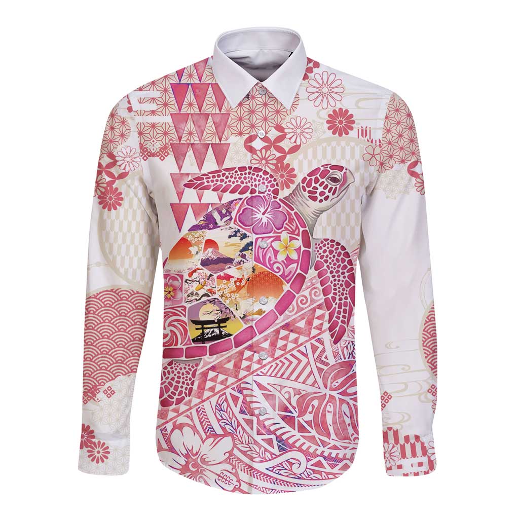 Hawaiian and Japanese Culture Together Long Sleeve Button Shirt Tropical Honu with Japanese Elements Pink Color
