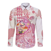 Hawaiian and Japanese Culture Together Long Sleeve Button Shirt Tropical Honu with Japanese Elements Pink Color