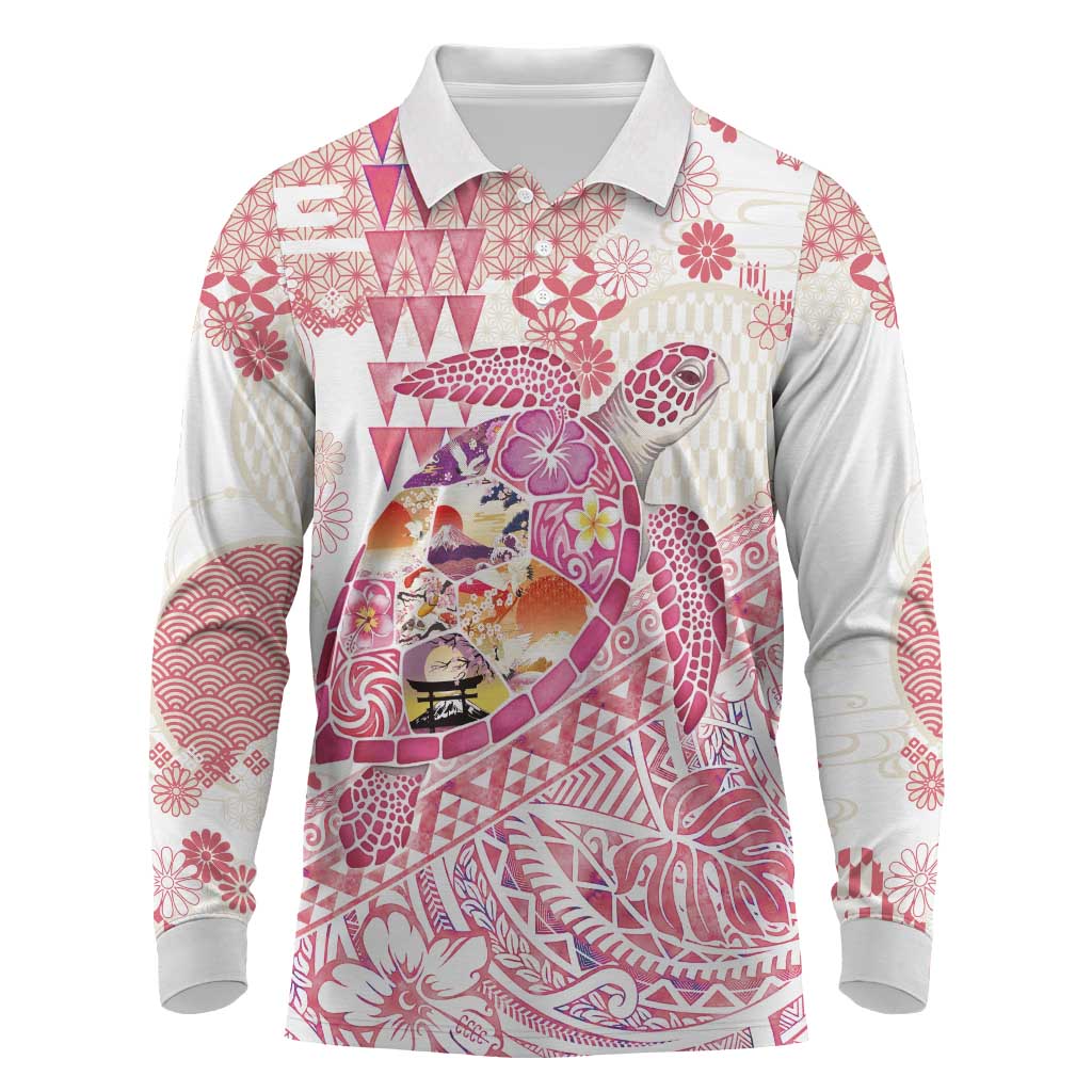 Hawaiian and Japanese Culture Together Long Sleeve Polo Shirt Tropical Honu with Japanese Elements Pink Color