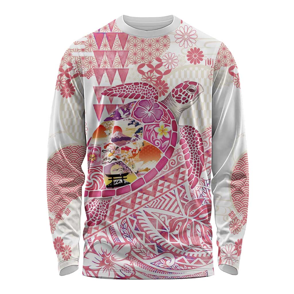 Hawaiian and Japanese Culture Together Long Sleeve Shirt Tropical Honu with Japanese Elements Pink Color
