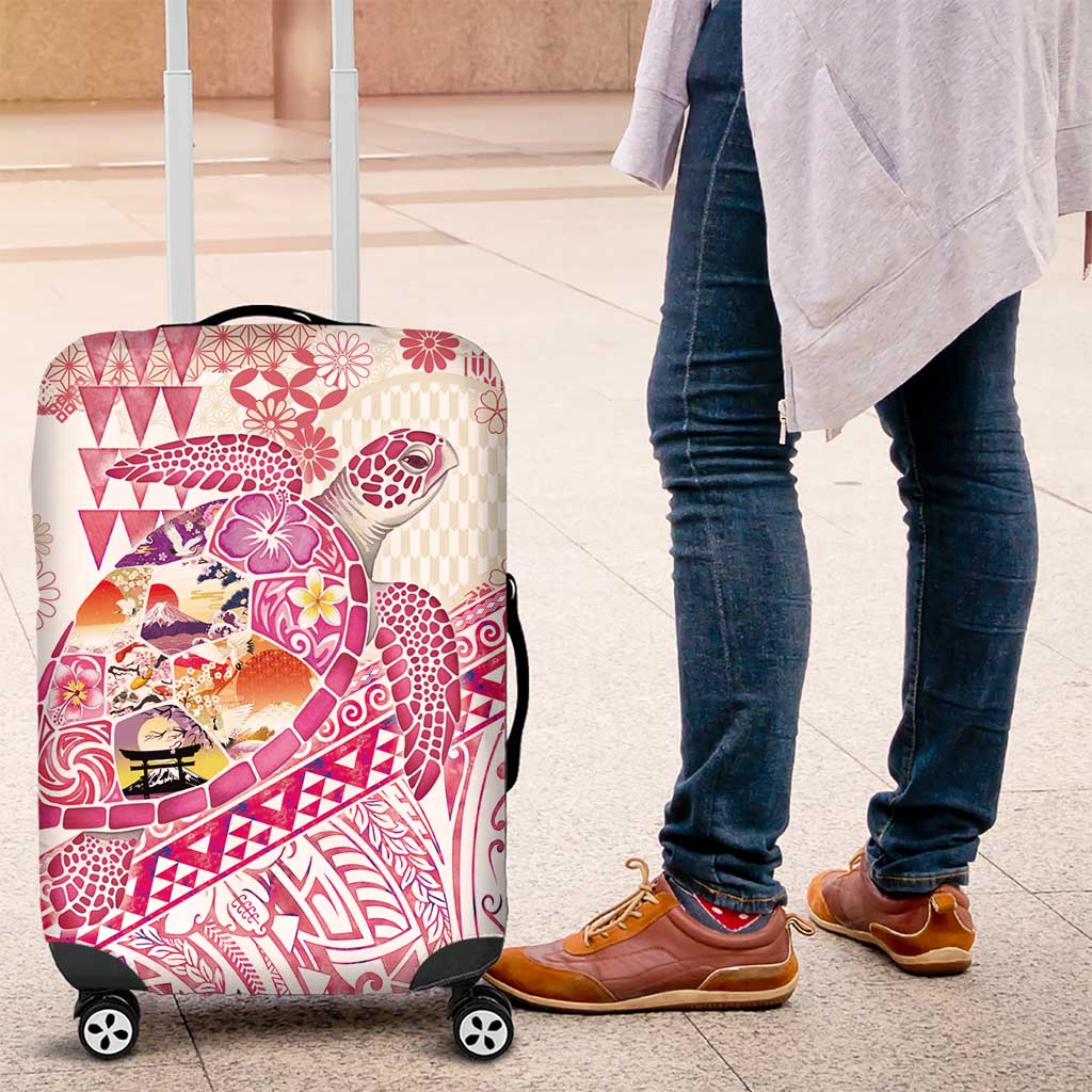 Hawaiian and Japanese Culture Together Luggage Cover Tropical Honu with Japanese Elements Pink Color