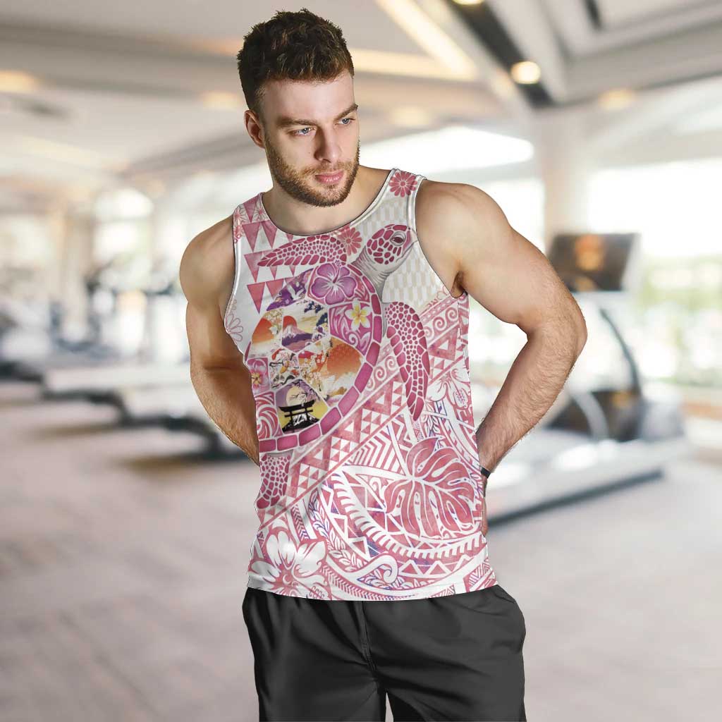 Hawaiian and Japanese Culture Together Men Tank Top Tropical Honu with Japanese Elements Pink Color