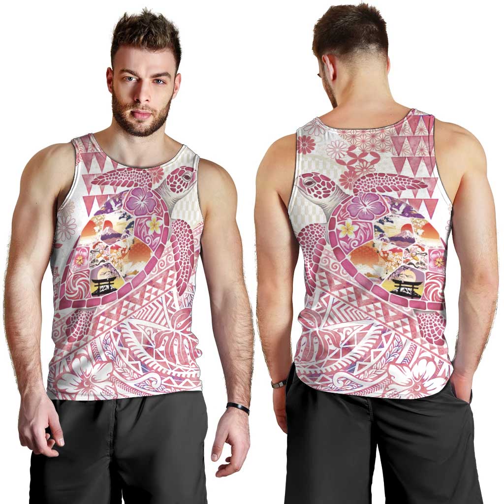 Hawaiian and Japanese Culture Together Men Tank Top Tropical Honu with Japanese Elements Pink Color