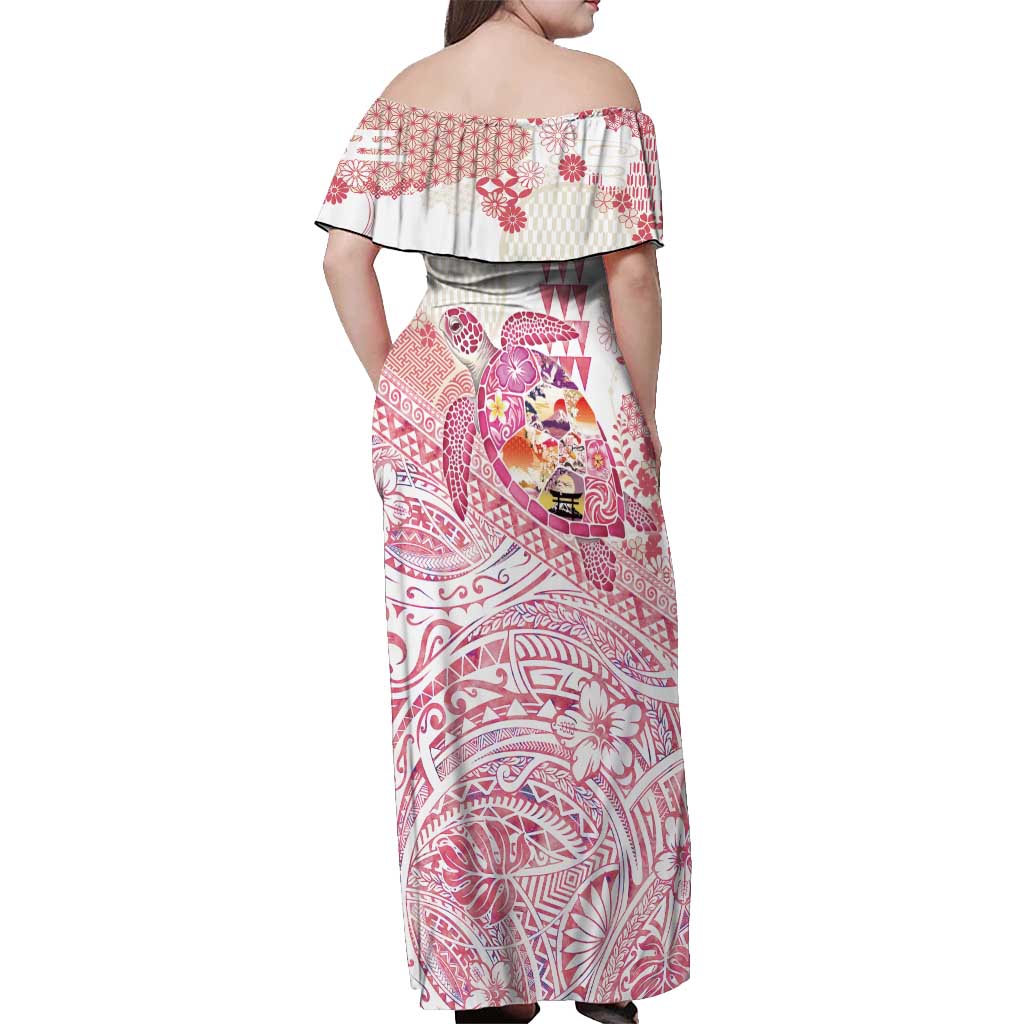Hawaiian and Japanese Culture Together Off Shoulder Maxi Dress Tropical Honu with Japanese Elements Pink Color