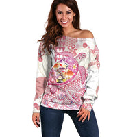 Hawaiian and Japanese Culture Together Off Shoulder Sweater Tropical Honu with Japanese Elements Pink Color
