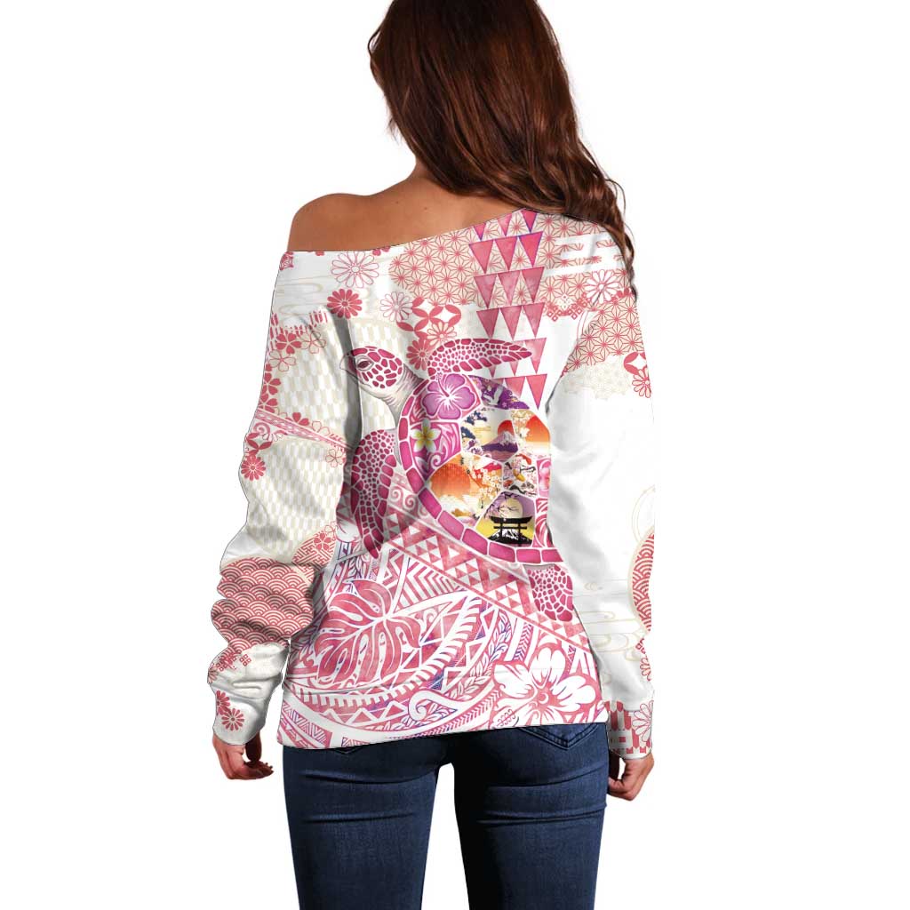 Hawaiian and Japanese Culture Together Off Shoulder Sweater Tropical Honu with Japanese Elements Pink Color