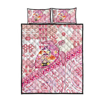 Hawaiian and Japanese Culture Together Quilt Bed Set Tropical Honu with Japanese Elements Pink Color